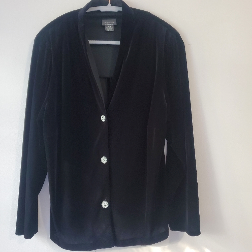 Vintage Velvet Black Dressbarn Top Rhinestones Buttons Sz 14/16 Holiday Formal